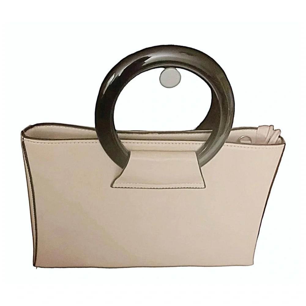 Purse Vintage Handbag Beige with Brown Handles and Trim